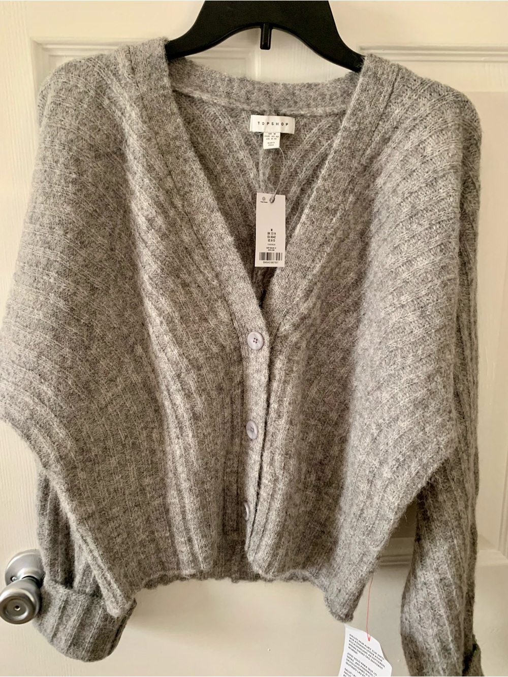 Topshop Light Gray Ribbed V-Neck Button Cardigan 30%Wool US Size 8-10